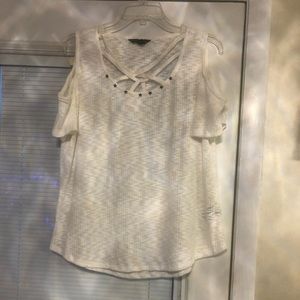 Cold shoulder top with strappy neck and studs